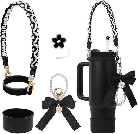 Stanley Cup Accessories Set- Water Bottle Handle Strap, Stanley Cup Protective Silicone Boot, Straw Lid Bow Design Stanley Charms for Stanley Cup 40oz /30 oz Tumbler (black)