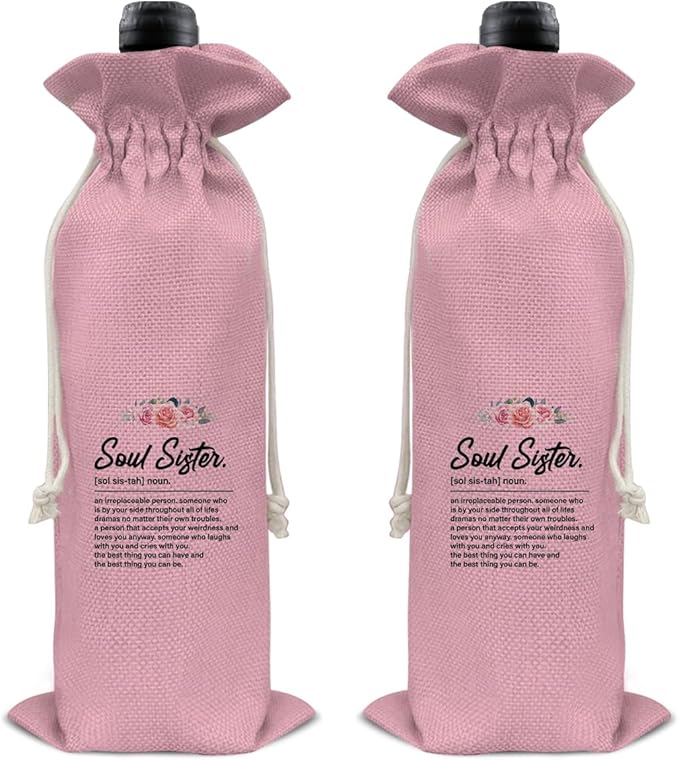 HOIJAUMAI Soul Sister Gift Friendship Gifts for Women Best Friends Soul Sister Bestie, Soul Sister Wine Bag Soul Sister Definition Wine Gift Bags for Birthday (Pink)