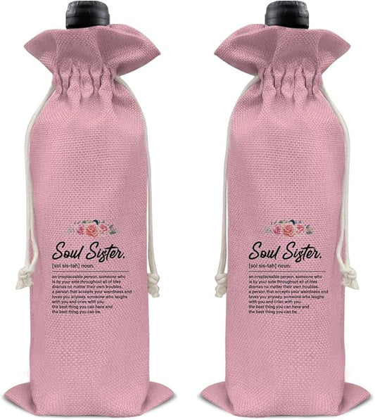 HOIJAUMAI Soul Sister Gift Friendship Gifts for Women Best Friends Soul Sister Bestie, Soul Sister Wine Bag Soul Sister Definition Wine Gift Bags for Birthday (Pink)