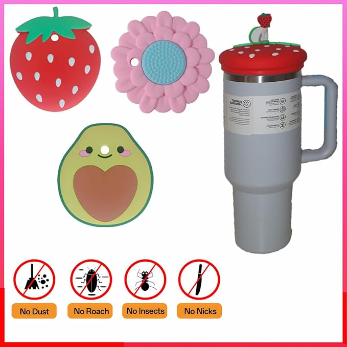 Lid Protective For 40 Oz Stanley Cup&Straw Cap,Stanley Cup Silicone Dust Cover,Stanley Cup Cute Accessories,Strawberry/Avocado/Pink Flower Design (Strawberry)