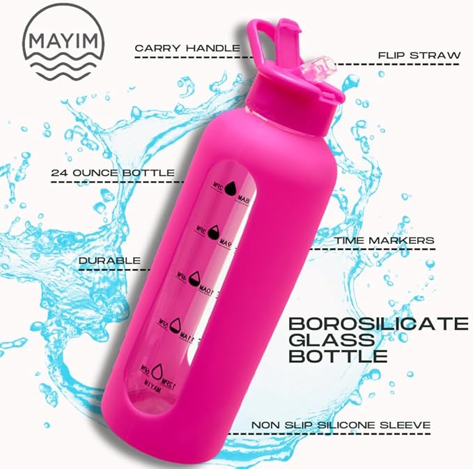 Mayim 24 Oz Glass Tumbler with Straw and Handle, Reusable Motivational Glass Water Bottle with Silicone Sleeve and Time Marker, Leak Proof Borosilicate Water Bottle -Hot Pink