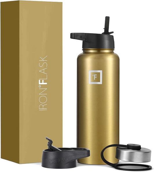 IRON °FLASK Sports Water Bottle - Wide Mouth, 3 Lids (Straw Lid) - Stainless Steel Gym & Outdoor Bottles for Men, Women & Kids - Double Walled, Insulated Thermos, Metal Canteen - Gold, 40 Oz