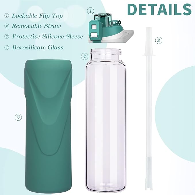32 oz Sports Glass Water Bottle with Straw & Silicone Sleeve Reusable BPA-free Borosilicate Glass Drinking Bottle with Flip Top Lid & Handle Wide Mouth (Deep Green)