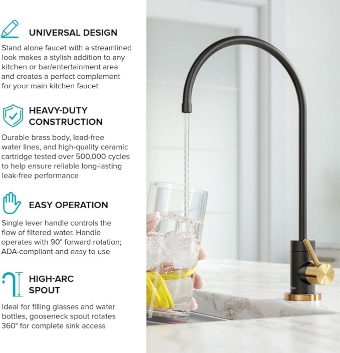 KRAUS Purita™ Single Handle Drinking Water Filter Faucet for Reverse Osmosis or Water Filtration System in Brushed Brass/Matte Black, FF-100BBMB