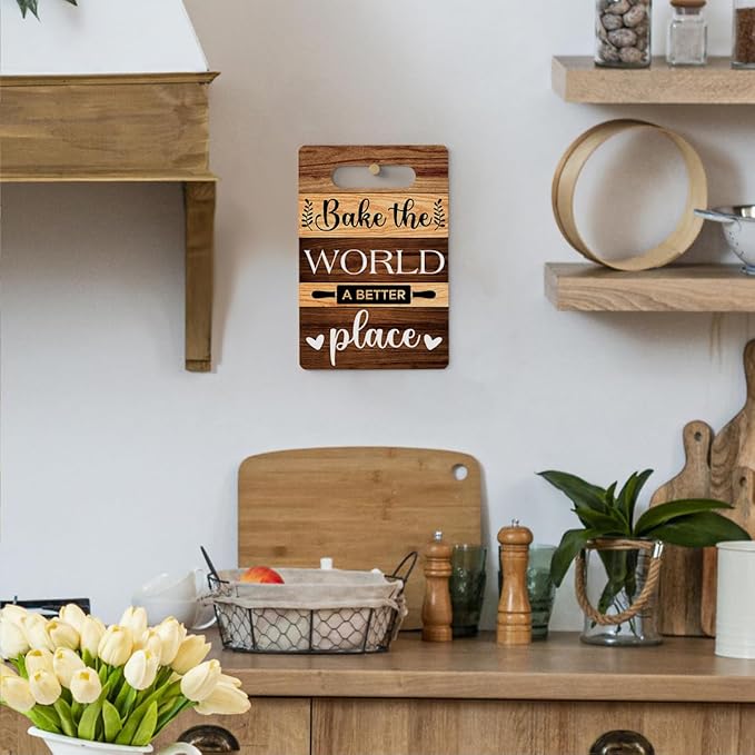 Farmhouse Kitchen Decor, Kitchen Signs Wall Decor, Wall Decor for Kitchen, Bake The World A Better Place Wood Sign, Kitchen Door Wall Hanging Decor, Kitchen Gifts for Women 8 x 12 Inch