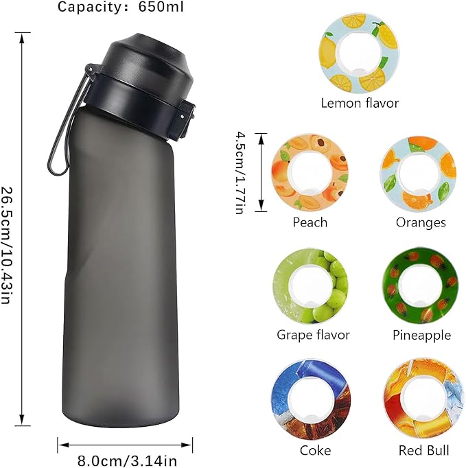 Water Bottle with 7Pcs Air Flavor Pods, Air Bottle Pods Water Bottle, Flavor Caps with Water Bottle, Fruit Scent Pods for Outdoor Sport(Matte Black-7 Pods)