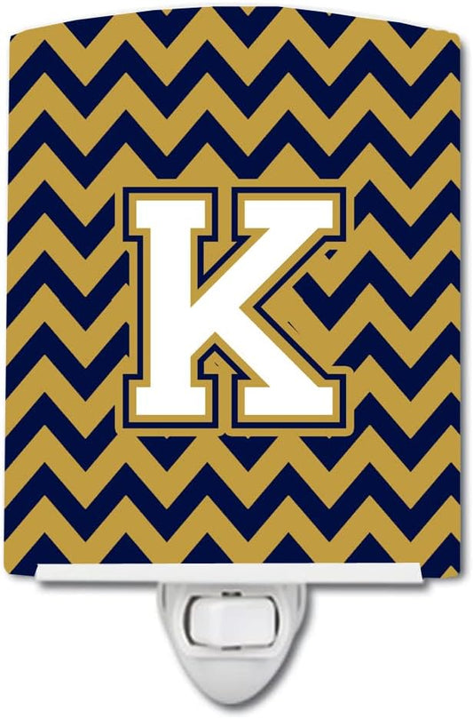 Caroline's Treasures CJ1057-KCNL Letter K Chevron Navy Blue and Gold Ceramic Night Light Compact, UL-Certified, Ideal for Bedroom, Bathroom, Nursery, Hallway, Kitchen, 6x4x3, Multicolor