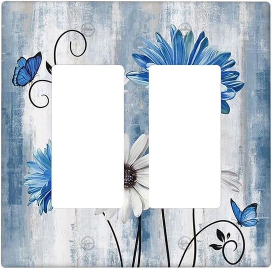 Rustic Teal Blue Daisy Floral 2 Gang Rocker Decora Light Switch Covers Dual Outlet Covers Wall Plate Decorative Switchplate Electrical Faceplate GFCI for Country Bathroom Bedroom Kitchen Decor
