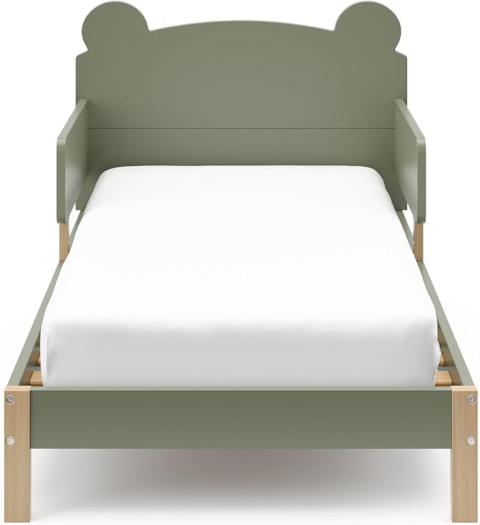 Storkcraft Teddy Bear Toddler Bed (Olive with Driftwood) - GREENGUARD Gold Certified, includes Toddler Safety Guardrails, Fits Standard Crib & Toddler Mattress, Stylish 2-Tone Design