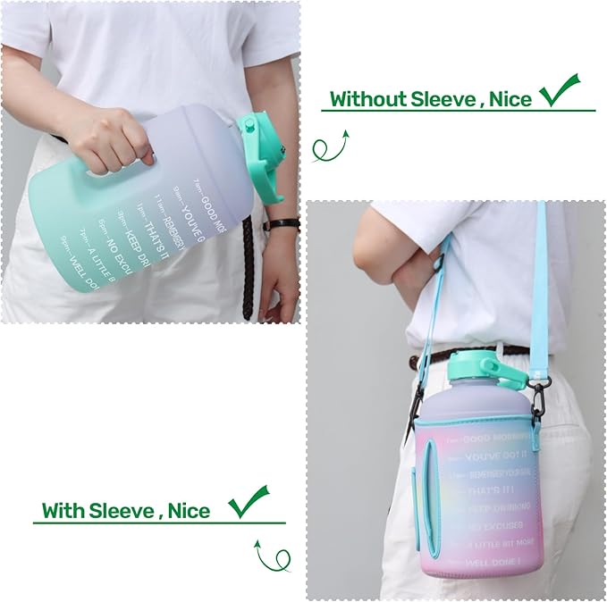 QuiFit 1 Gallon Water Bottle - with Straw & Motivational Time Marker Leak-Proof BPA Free Reusable Gym Sports Outdoor Large(128OZ) Capacity Water Jug(Purple/Green with Sleeve,1 Gallon)
