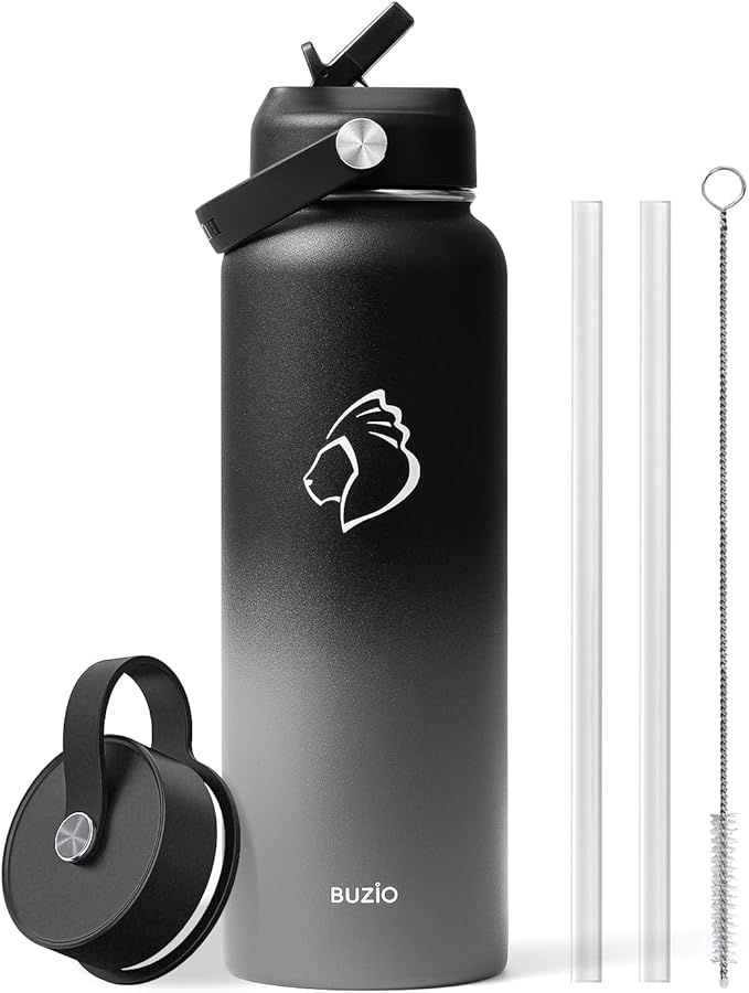BUZIO Insulated Water Bottle with Straw Lid and Flex Cap, 40oz Modern Double Vacuum Stainless Steel Water Flask, Cold for 48 Hrs Hot for 24 Hrs Simple Thermo Canteen Mug