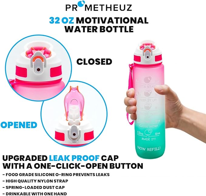 Prometheuz 32oz Water Bottle with Straw, Motivational Water Bottle with Time Marker, Water Bottles Leakproof & BPA-Free for Sports, Work and Fitness Pink Mint