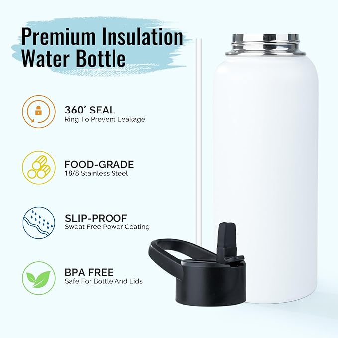 Stainless Steel Water bottle with Straw & Wide Mouth Lid, Wide Rotating Handle, 40oz Double Wall Vacuum Insulated Water Bottle Leak Proof, BPA Free, Keep Cold and Hot, 40oz, White
