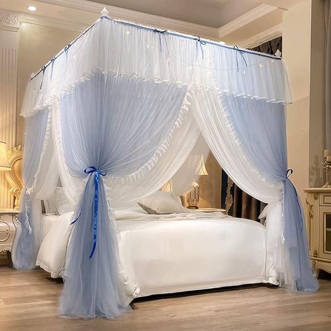 Mengersi Canopy Bed Curtains with Lights,4 Corner Bed Canopy Royal Luxurious Bed Drapes Netting,Princess Bed Curtains for Girls Adults Bedroom Decoration (Gray Blue, Full)