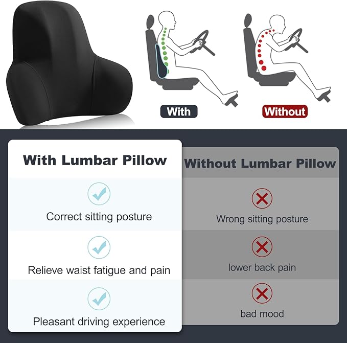 Lumbar Support for Car - Back Support for Driving Seat Lower Back Pain Relief - Memory Foam Lumbar Pillow for Car/Office Chair - Back Cushion for Car-Ergonomic Streamline Soft Washable Cover-Black