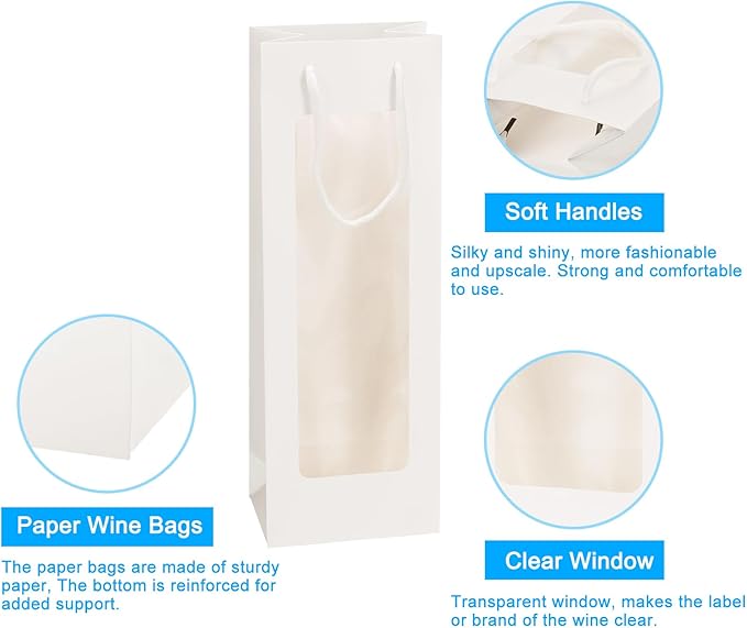 uxcell Wine Bags, 12pcs 4.92"x3.35"x14.2" Wine Gift Bags with Rope Handles, Paper Wine Tote Bag with Clear Window for Wedding Birthday Christmas Party Supplies, White