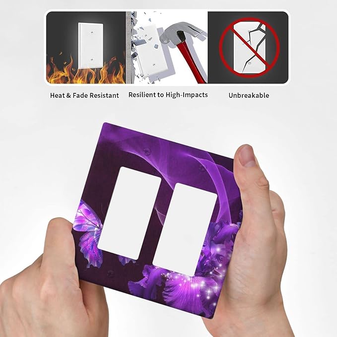 Purple Butterfly Flower Double Rocker Light Switch Wall Plate Cover Decorative 2-Gang for Outlet Girls Room Bathroom Bedroom Home Kitchen Two Decora Receptacle Polycarbonate Power Gear 4.5" x 4.6"