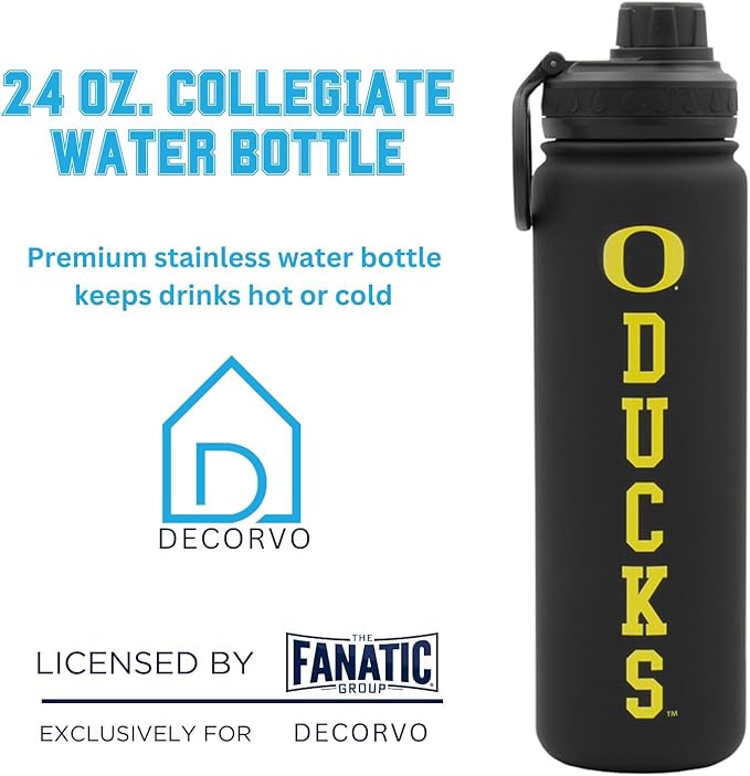 Oregon Ducks Water Bottle - Black Double Walled Stainless Steel 24 oz Keeps Drinks Cold or Hot