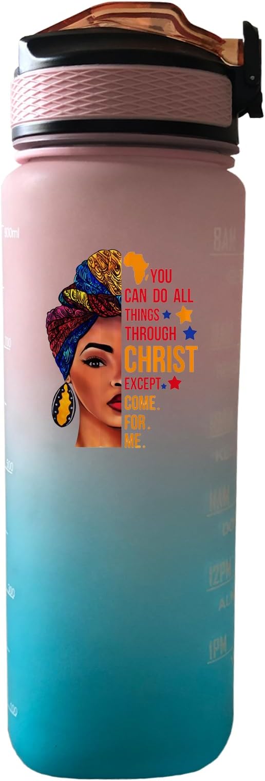 African American Woman with Quotes 32 OZ Drinking Water Bottle with Times to Drink and Straw, Motivational with Carrying Strap, Leakproof BPA & Toxic Free, Ensure You Drink Enough Water