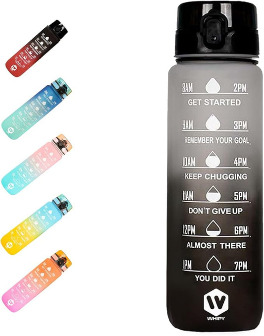 32 oz Water Bottle with Time Marker- Leak-Proof & BPA Free Reusable Gym Water Bottle - Easy to Carry Motivational Water Bottle for Fitness, Sports, Outdoor, Cycling, School (Black & White)