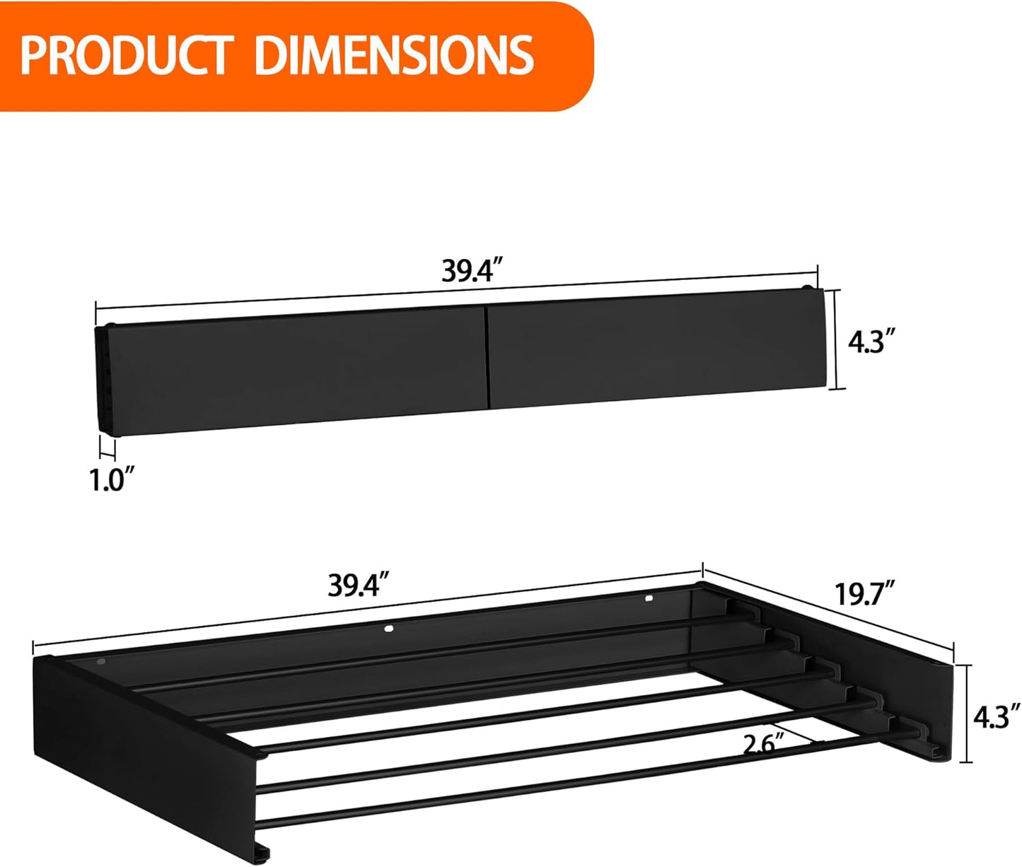 FOCHIER F Laundry Drying Rack Wall Mounted Clothes Drying Rack Collapsible with 5 Aluminum Rods and Drilling Template Long Screwdriver Bit 60 lbs Capacity (Black, 40")