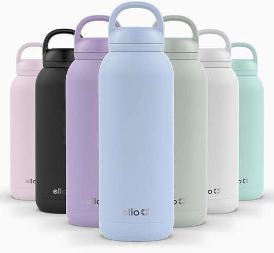 Ello Cooper Twist 40oz Stainless Steel Water Bottle with Chug Lid | Leak Proof | Double Walled and Vacuum Insulated | Built in Carry Loop | Dishwasher Safe | Halogen Blue