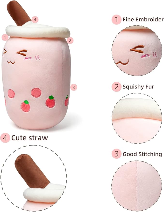 Niuniu Daddy Strawberry Boba Plushies -13.7inch Kawaii Pink Bubble Tea Stuffed Animals- Soft Squishy Milk Tea Plush Cuddle Pillow- Adorable Plushie Food Toys for Kids-Plushies Gift for Easter Basket