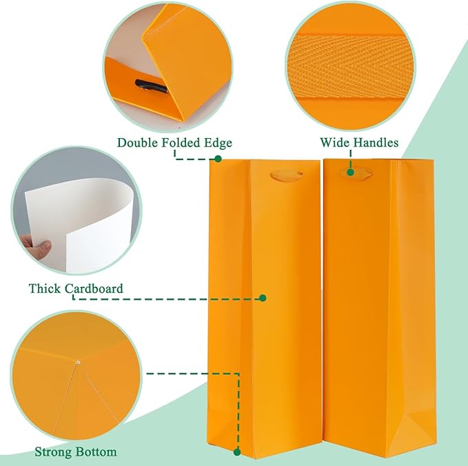 KEYYOOMY Wine Gift Bags - 10 Pack Orange Kraft Paper Wine Bottle Gift Bags with Handles for Wedding Birthday Housewarming Christmas Party Supplies(10CT, 13.8x4.3x3.5 IN, Orange)