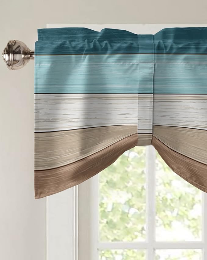 Farmhouse Blackout Tie Up Valance Curtains for Kitchen Windows,Teal Blue Brown Beach Window Toppers Balloon Shades for Living Room/Bathroom/Bedroom,1 Panel,54" X 18" Retro Rustic Barn Wood Texture