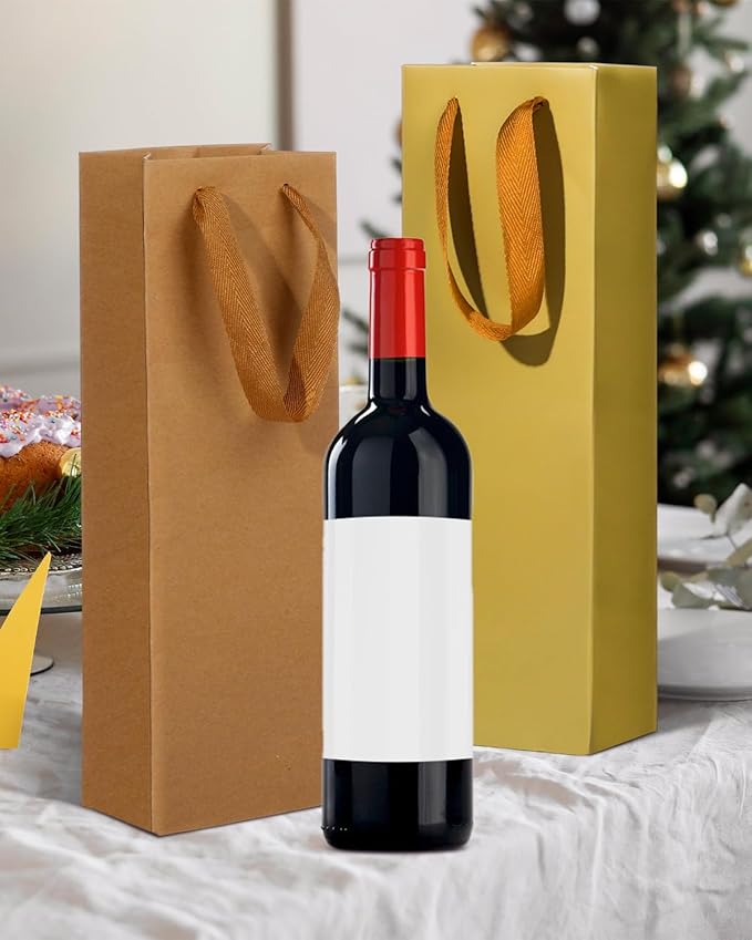 Megitzuu Wine Gift Bags 12 Pack - 6 Colors Reusable Kraft Paper Wine Bags for Wine Bottle Gifts with Handles for Birthday Wedding Christmas Thank You