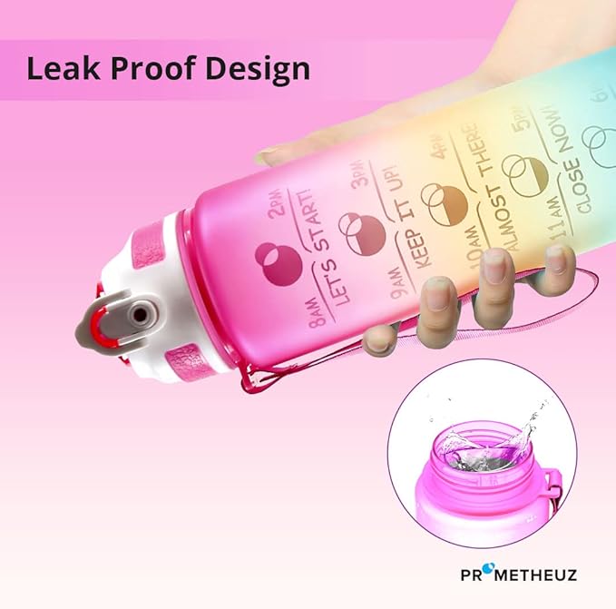 PROMETHEUZ Sports Water Intake Reminder Bottle with Time Marker and Straw, Leakproof Tritan BPA-Free, Fast Flow, Pink Yellow Mint, 32 oz