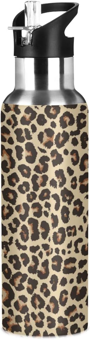 Leopard Water Bottle with Straw Lid for Fitness Gym Camping Outdoor Sports, Wide Mouth Vacuum Insulated 18/8 Stainless Steel, 22 oz