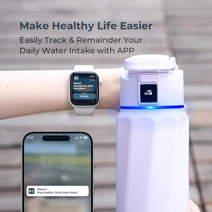 BOOST Smart Water Bottle with Reminder to Drink Water & Water Tracker Bottle - Double Wall Vacuum Insulated Water Bottle Stainless Steel, Wide Mouth 32 oz Water Bottles, Ideal for Gift - Purple