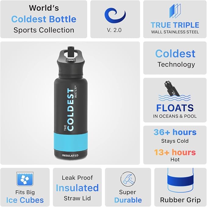 Coldest Sports Water Bottle with Straw Lid Vacuum Insulated Stainless Steel Metal Thermos Bottles Reusable Leak Proof Flask for Sports Gym (Matte Black, 32 oz)
