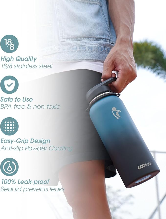Coolflask Insulated Water Bottle with Strap, 32 oz Metal Water Flask with Straw & Spout Lids, Stainless Steel Double Wall Vacuum, Keep Cold 48h Hot 24h, Leak Proof & Non-BPA, Prussian Blue