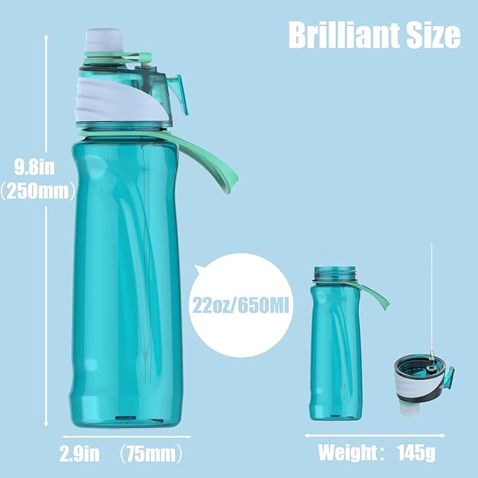 FEIJIAN Mist Water Bottle,22oz Sports Water Bottle with 2-IN-1 Mist & Sip Function, BPA-Free Plastic Water Bottles, Misting Water Bottle, Leakproof & Lightweight, Ideal for Fitness and Outdoor, Blue