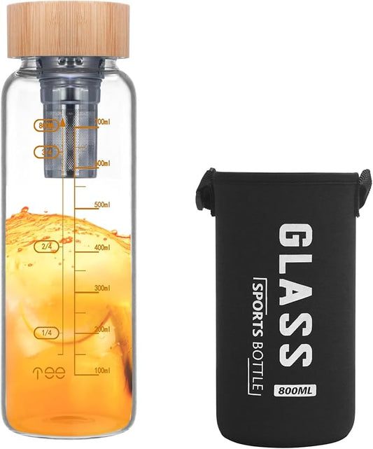 29oz Glass Water Bottle, Leak-Proof, with Stainless Steel Tea Infuser, BPA-Free, Suitable for Office, Car, Gym, and Travel, Reusable, for Hot and Cold Beverages (Circular-29oz)
