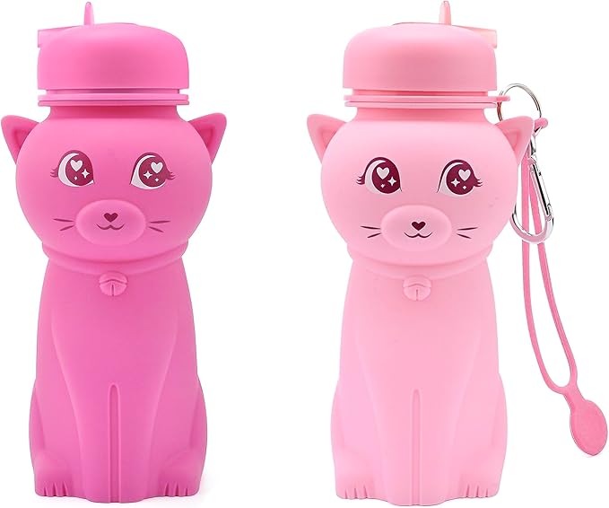 Cat Water Bottle,Collapsible Water Bottle for Kids,Cute Water Bottles -kawaii Cat Appearance - Portable Leak Proof with Roll Up Foldable Silicone Features for Sports，BPA Free (pink)