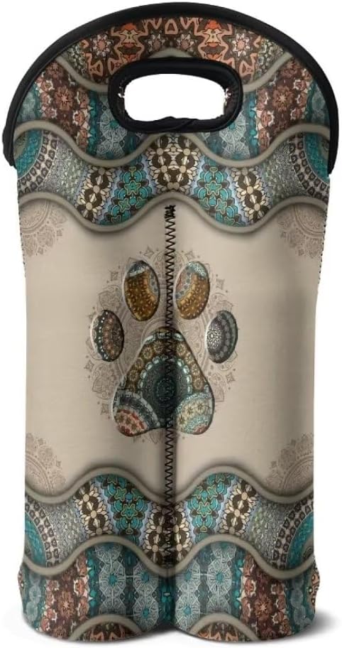 doginthehole 2 Bottle Wine Carrier Travel Bag Boho Dog Paw Print Thick Insulated Neoprene Wine Tote Portable Champagne/Water Bottle/Beer/Drinks Carrying Bag for Travel, Picnic, Party