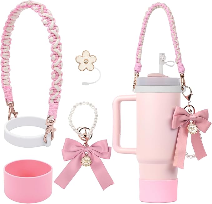 BELSITA Stanley Cup Accessories Set, Bow Pearl Chain Braided Design Water Bottle Handle Strap, Silicone Stanley Cup Boot, Stanley Charms for Stanley Cup 30/40oz Tumble (Pink)