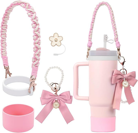BELSITA Stanley Cup Accessories Set, Bow Pearl Chain Braided Design Water Bottle Handle Strap, Silicone Stanley Cup Boot, Stanley Charms for Stanley Cup 30/40oz Tumble (Pink)