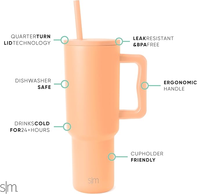 Simple Modern 40 oz Tumbler with Handle and Straw Lid | Insulated Cup Reusable Stainless Steel Water Bottle Travel Mug Cupholder Friendly | Gifts for Women Men Him Her | Trek Collection | Bellini