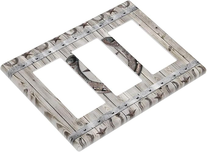Rustic Western Wood Barn Door Horseshoe Iron Star 3 Gang Rocker Light Switch Covers Triple Outlet Wall Plate Decorative Switchplate Cover Faceplate GFCI for Farmhouse Country Bedroom Decor