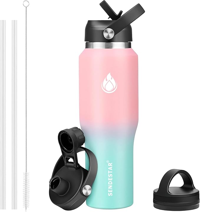 SENDESTAR 40oz Stainless Steel Water Bottle(Cold for 48 Hrs, Hot for 24 Hrs),Double Wall Vacuum Insulated Bottle with Straw Lid, Spout Lid and Flex Cap, Fit in Any Car Cup Holder， Pink-B