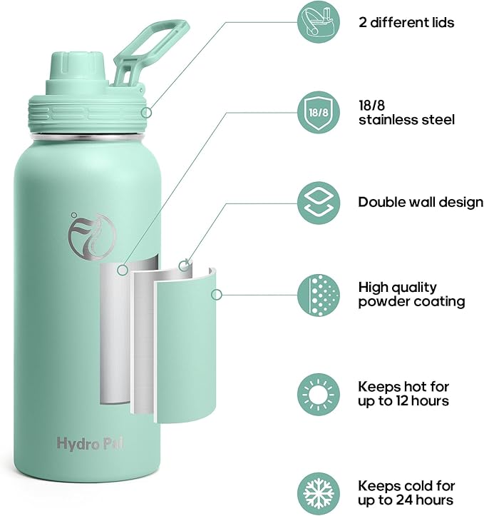 Insulated Water Bottles 32 oz with 2 Leak Proof Lids & Water Bottle Holder, Wide Mouth Sport Water Bottle with Straw, Reusable Stainless Steel Water Flask, Double Walled Vacuum Thermos