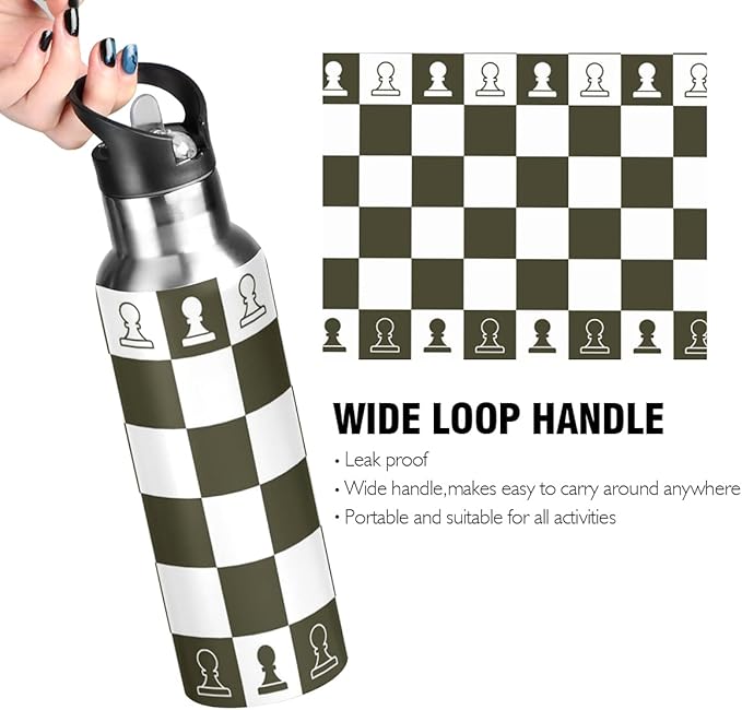 Chess Sports Water Bottle, Double Wall Vacuum Insulated Stainless Steel Water Bottle with Straw Keeps Hot and Cold, Bike Running Sports Travel Gym 20oz