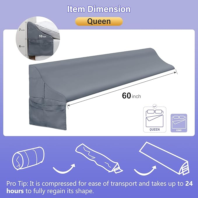 Vekkia Queen Size Bed Wedge Pillow for Headboard/Bed Wedge Gap Filler/Mattress Gap Filler/Wedge Pillow Headboard to Close The Gap (0-6") Between Your Headboard and Mattress, (Grey 60"x10"x7")