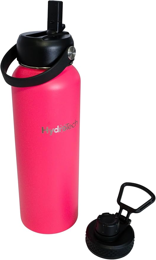 HydroTech Stainless Steel Leak Proof Water Bottle with Double Wall Insulation and 2 Lids (Straw Lid) - 40 OZ. (Pink)