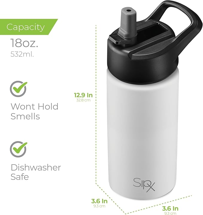 SipX™ Triple-Insulated Stainless Steel Water Bottle 18oz. With 3 Lids, BPA-Free Reusable Insulated Water Bottle Keeps Cold 24 Hours, Metal Water Bottle Made Of Sustainable Material For Hiking & Biking