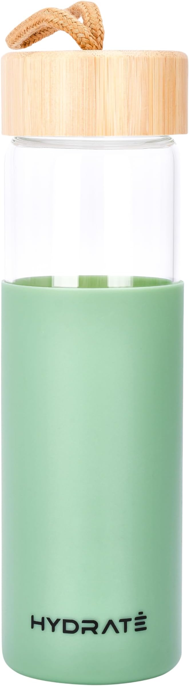 HYDRATE Glass Water Bottle, 25 oz - Gym Drinking Bottles with Slip Resistant Silicone Sleeve and Leak Proof Bamboo Lid - Clear Sports Bottle Made of Borosilicate Glass (10 x 3 inches, Olive Green)